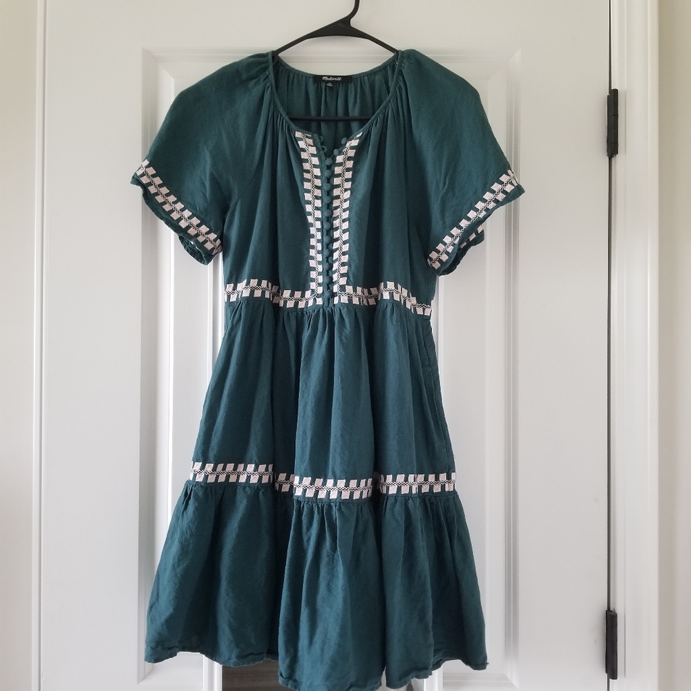 embroidered linen blend flutter sleeve dress